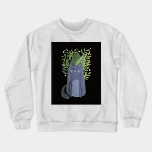 Cat and foliage - grey autumn with dark backgound Crewneck Sweatshirt